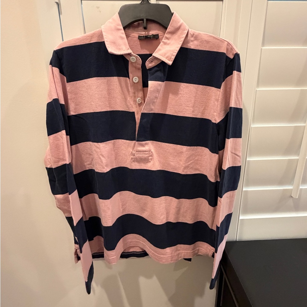 J.Crew Women’s Navy and Pink Heritage Rugby Polo Striped Too Size Large